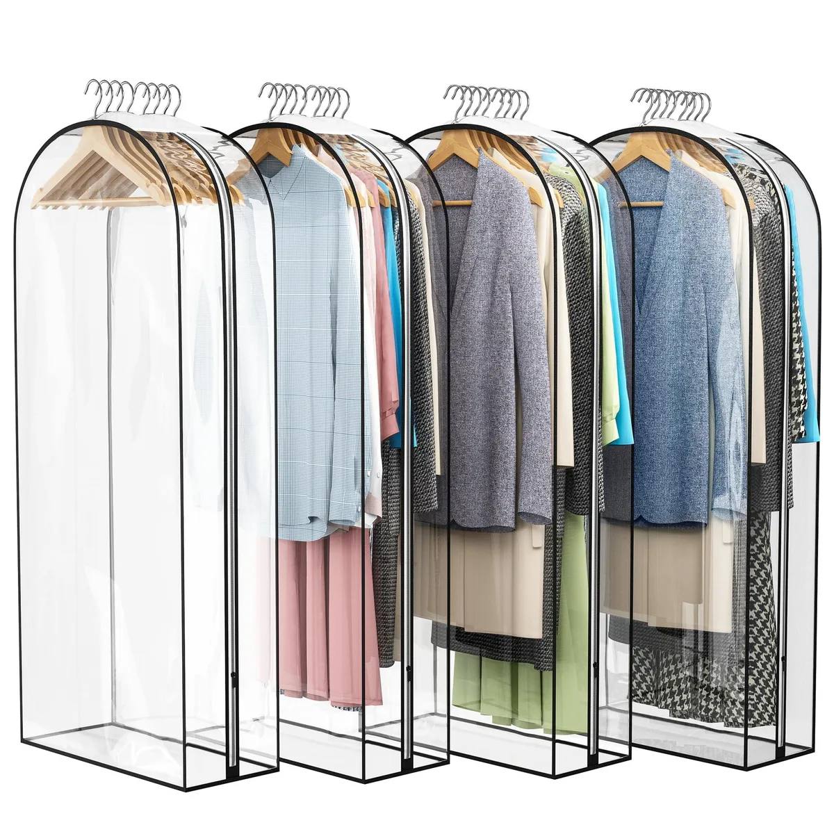 Four clear garment bags, beige top panel, side zipper, 50 inch length, 10 gusseted
