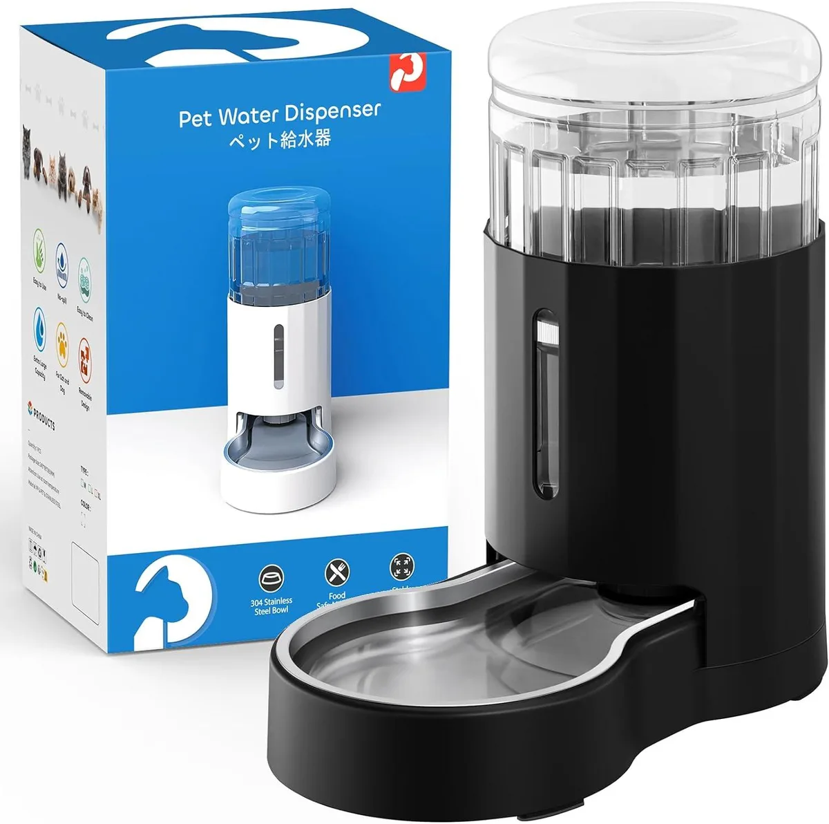 GCROWN GCROWN 4L Gravity Water Dispenser Black Stainless Steel Bowl pet - tech — product photo