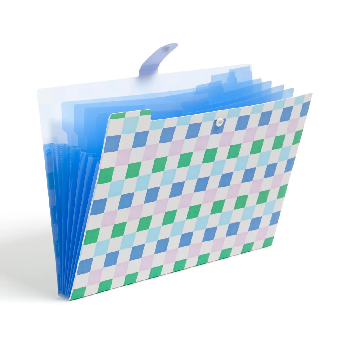 Translucent pastel poly expandable folder with six top-tab pockets and snap closure