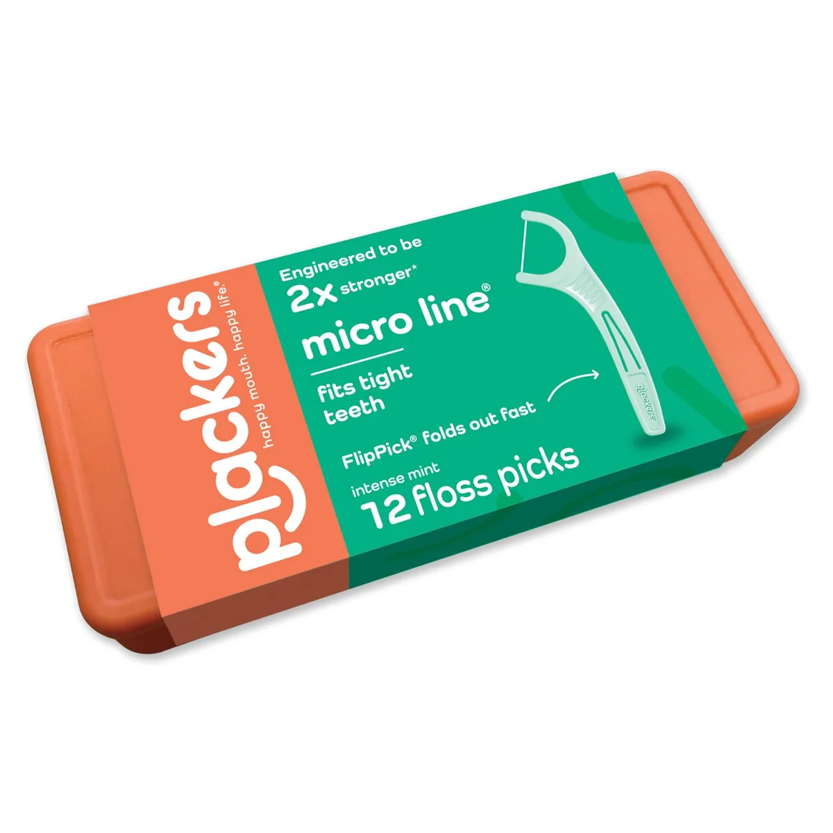 Small white floss pick with mint-green floss and fold-out toothpick in compact case