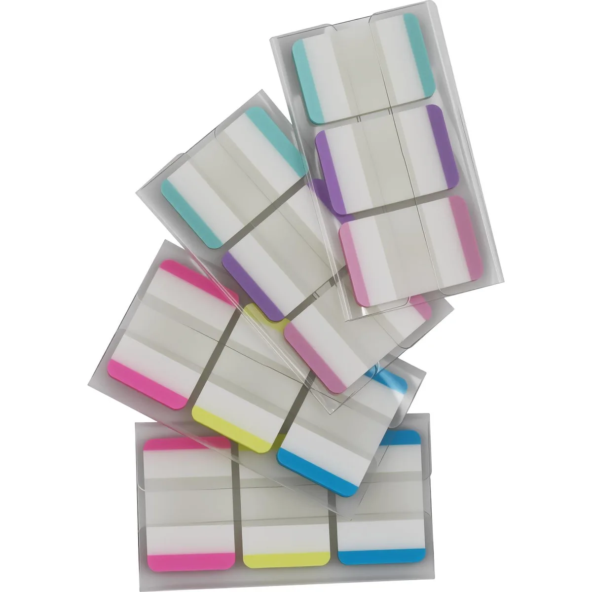 Four small rectangular dispensers holding bright lined sticky tabs 1 x 1.5 in