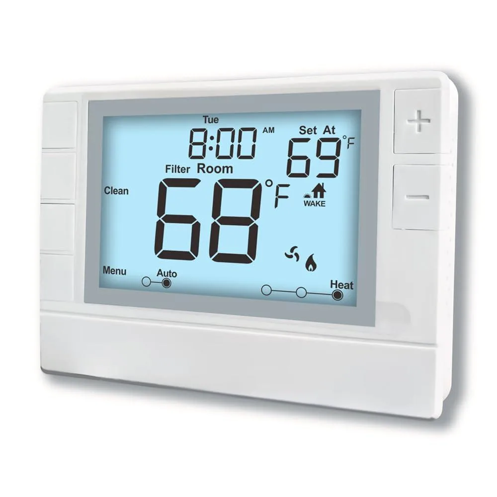 White rectangular programmable thermostat with backlit LCD display and push-button controls