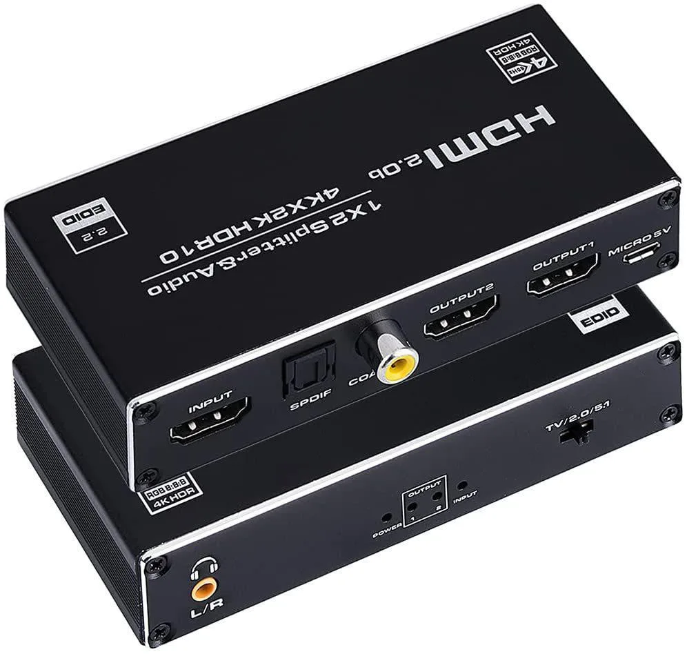WRIARICH WRIARICH OZF6A 1x2 HDMI Splitter Audio Extractor 4K60 18Gbps 3.5mm Coaxial SPDIF — product photo