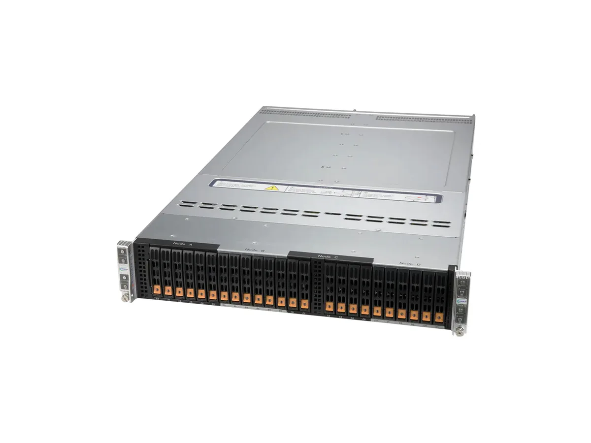 Silver 2U rackmount chassis with four node sleds and six front 2.5-inch hot-swap drive bays