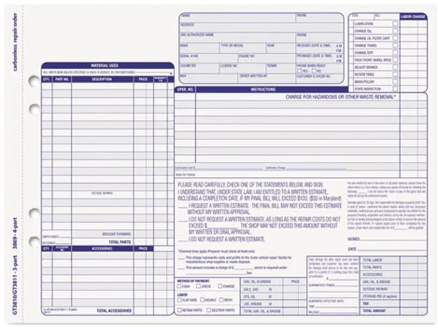TOPS TOPS 3869 Auto Repair Four-Part Tax Form 50/PK — product photo