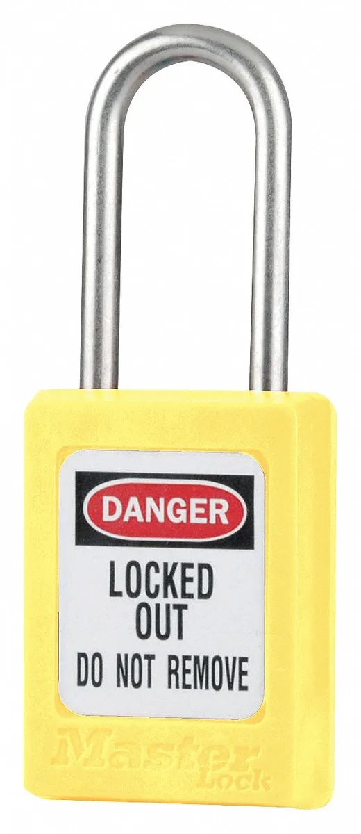 Yellow thermoplastic safety padlock with stainless steel shackle and two keys