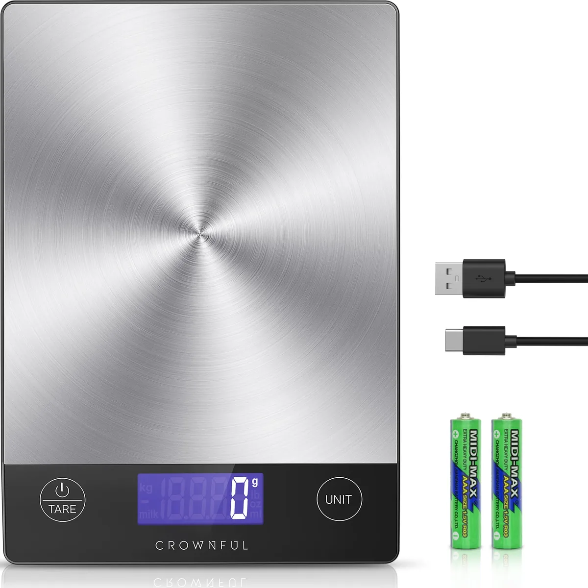 Rectangular silver stainless steel digital kitchen scale with slanted LCD display and Type-C port