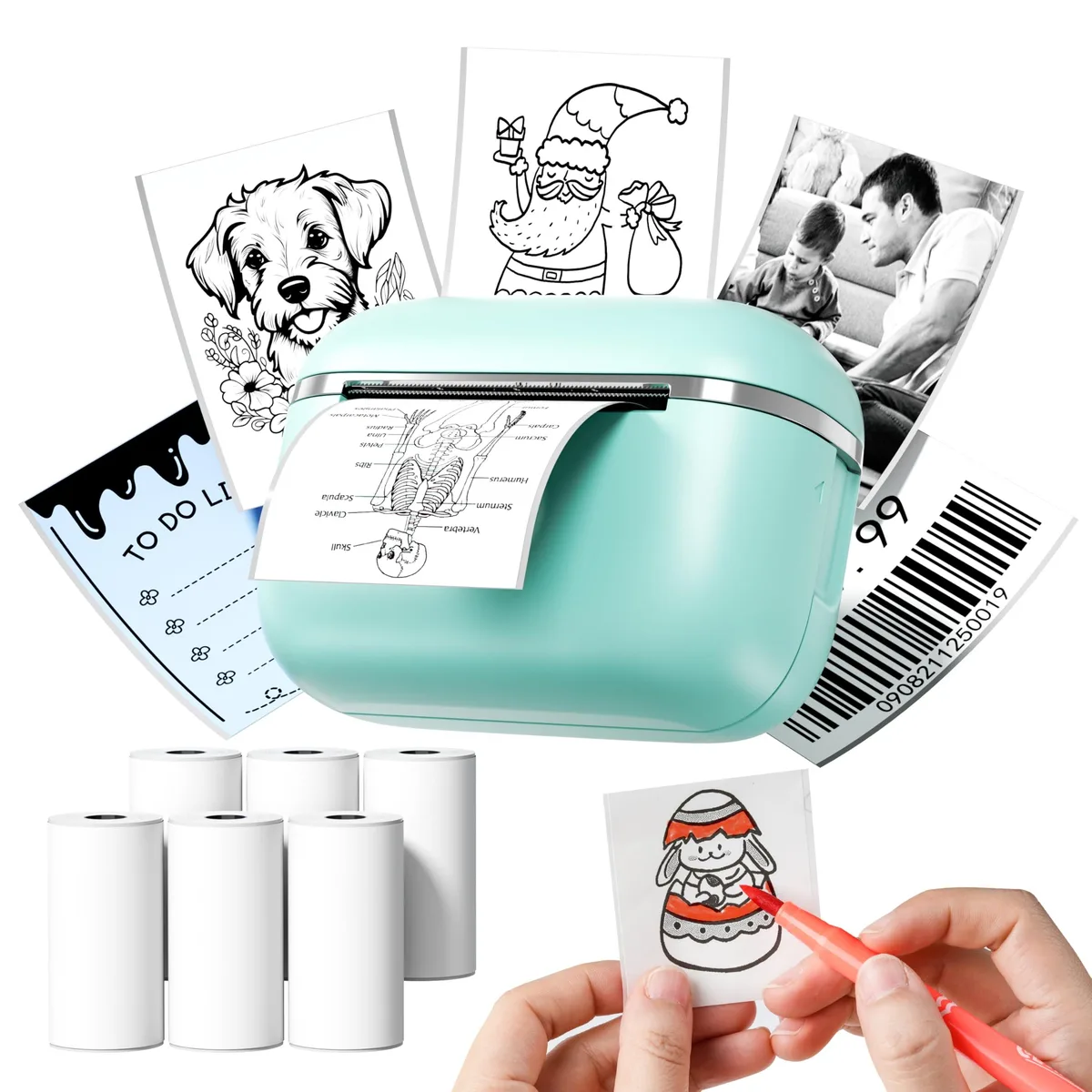 Green palm-sized thermal label printer with 6 paper rolls