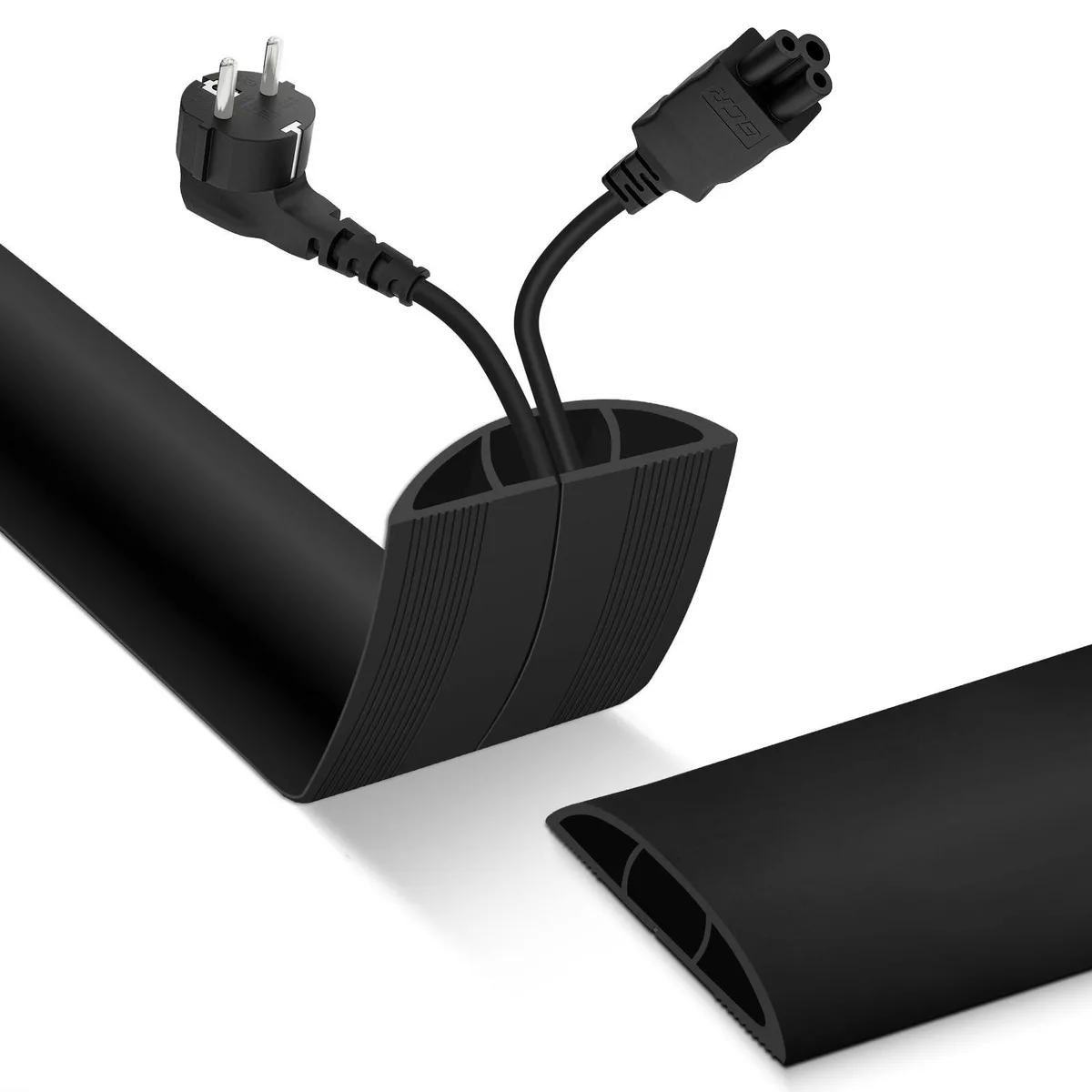 Black low-profile floor cord cover, flexible PVC, 10 ft length, 0.63 in wide, 0.31 in high, non-slip base
