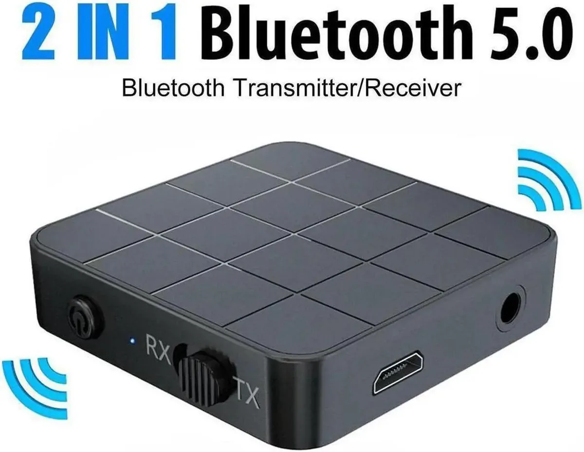 Small rectangular Bluetooth 5.0 adapter with 3.5mm jack and mode switch