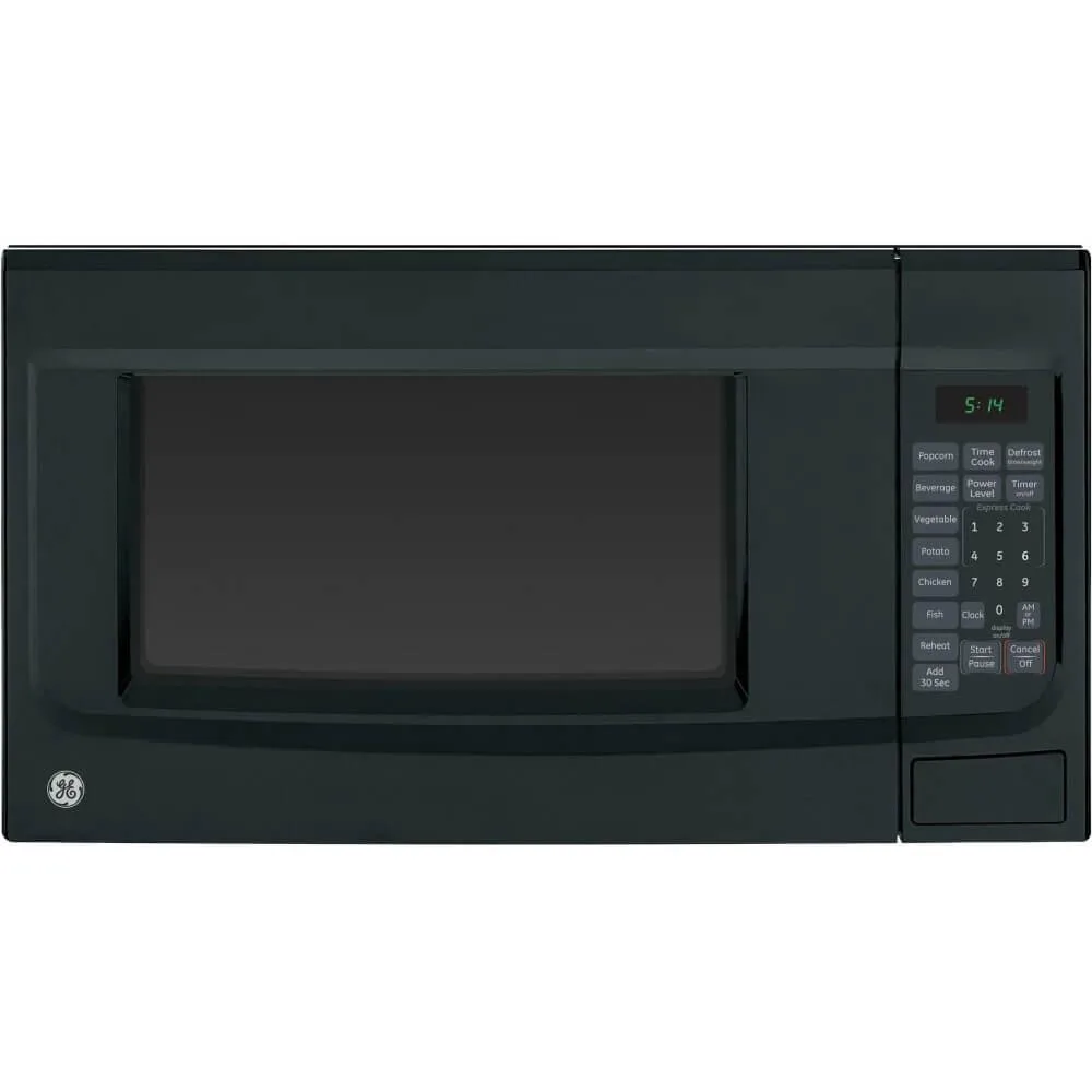 Black countertop microwave with electronic touch control panel