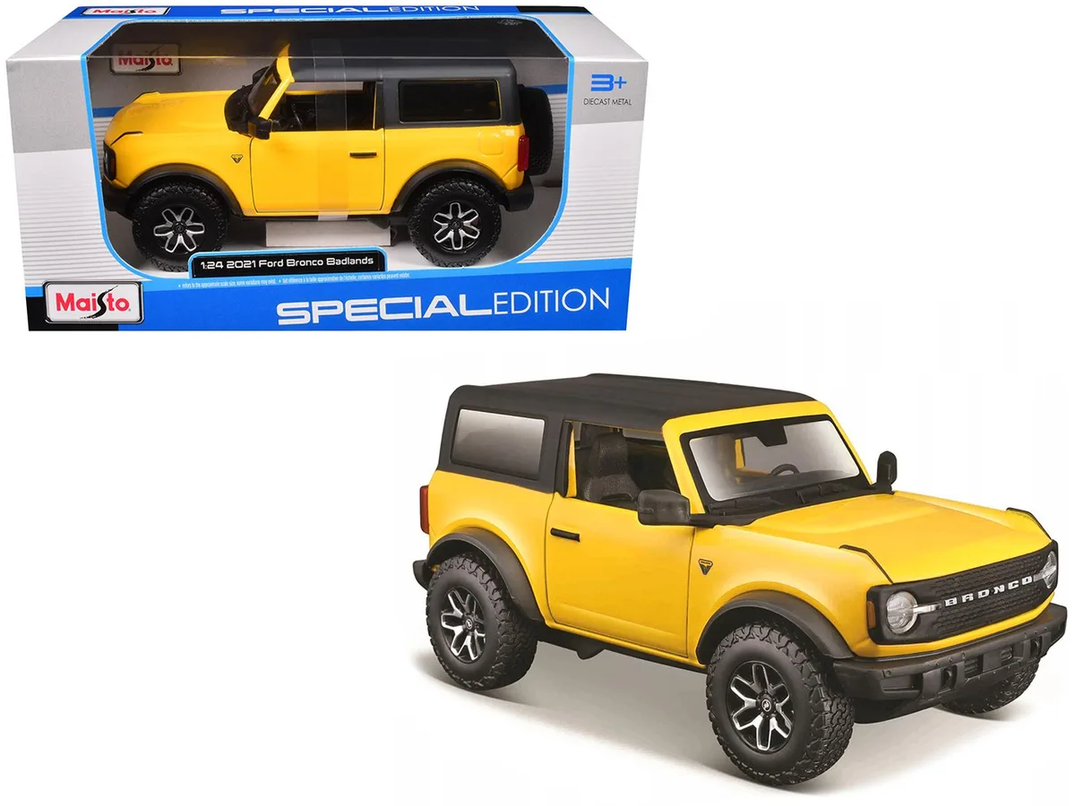 Maisto Maisto 2021 Ford Bronco Badlands Yellow Black Top Special Edition 1/24 Diecast Car — product photo