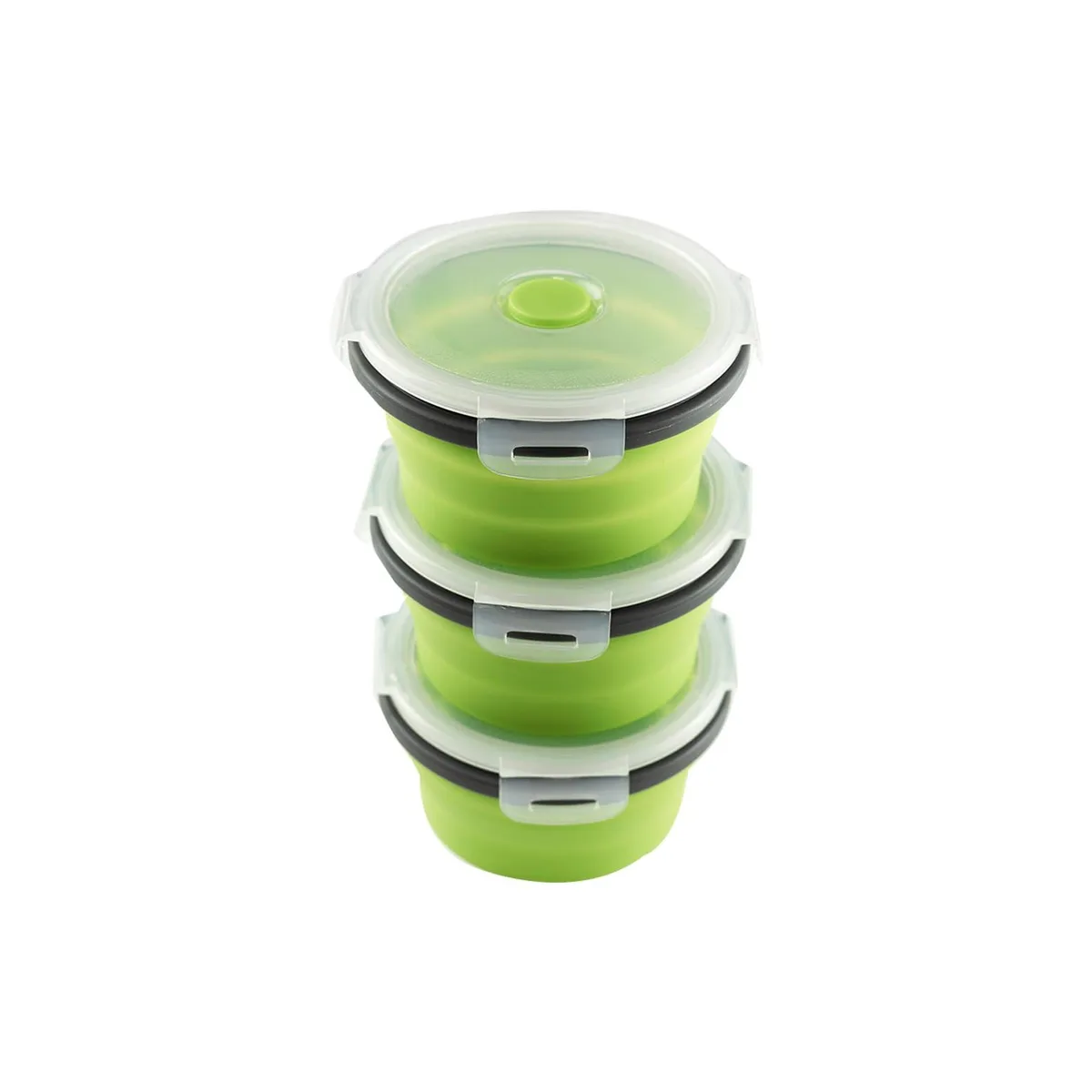 Three red foldable silicone food containers with lids
