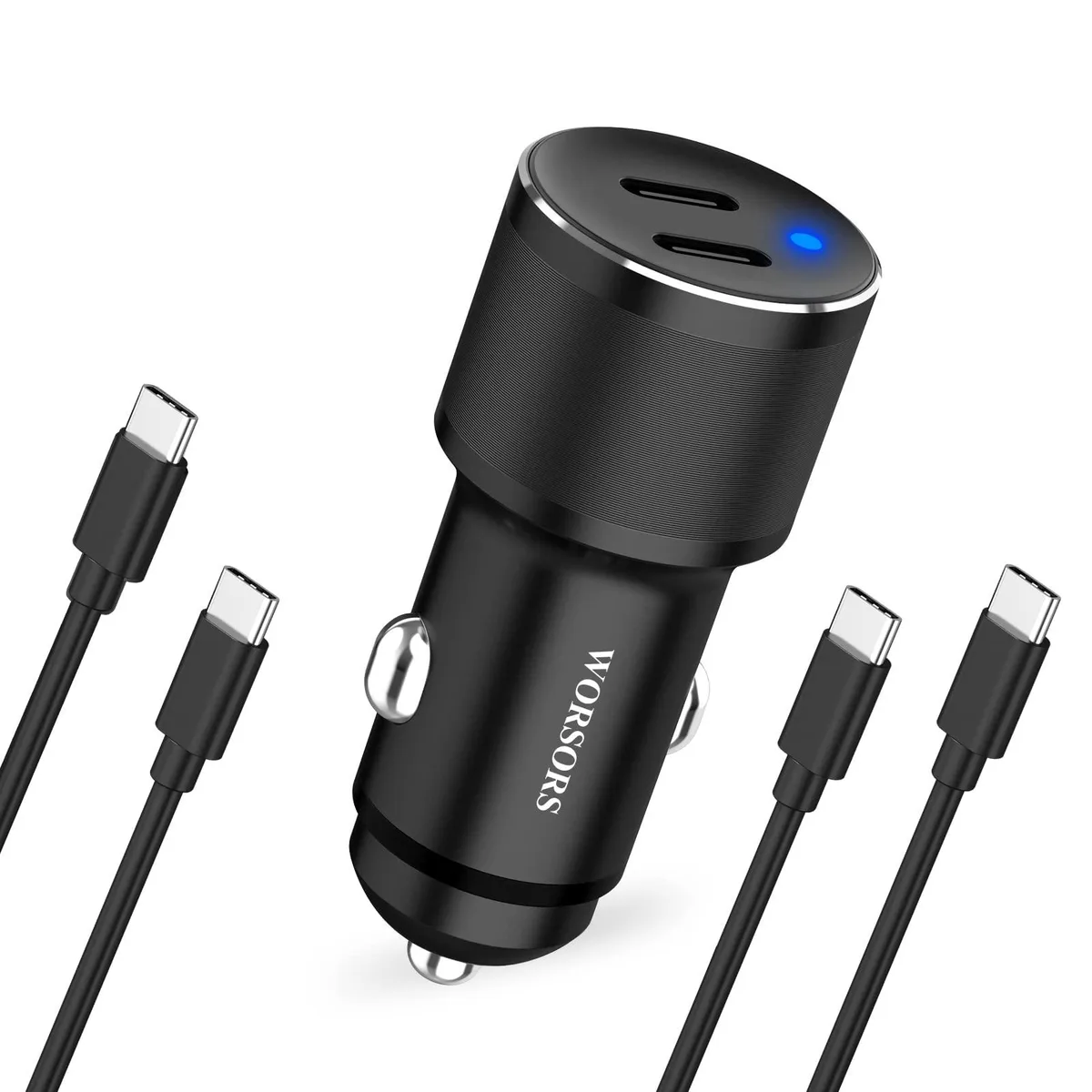 Black dual-port car charger with two USB-C cables coiled beside it