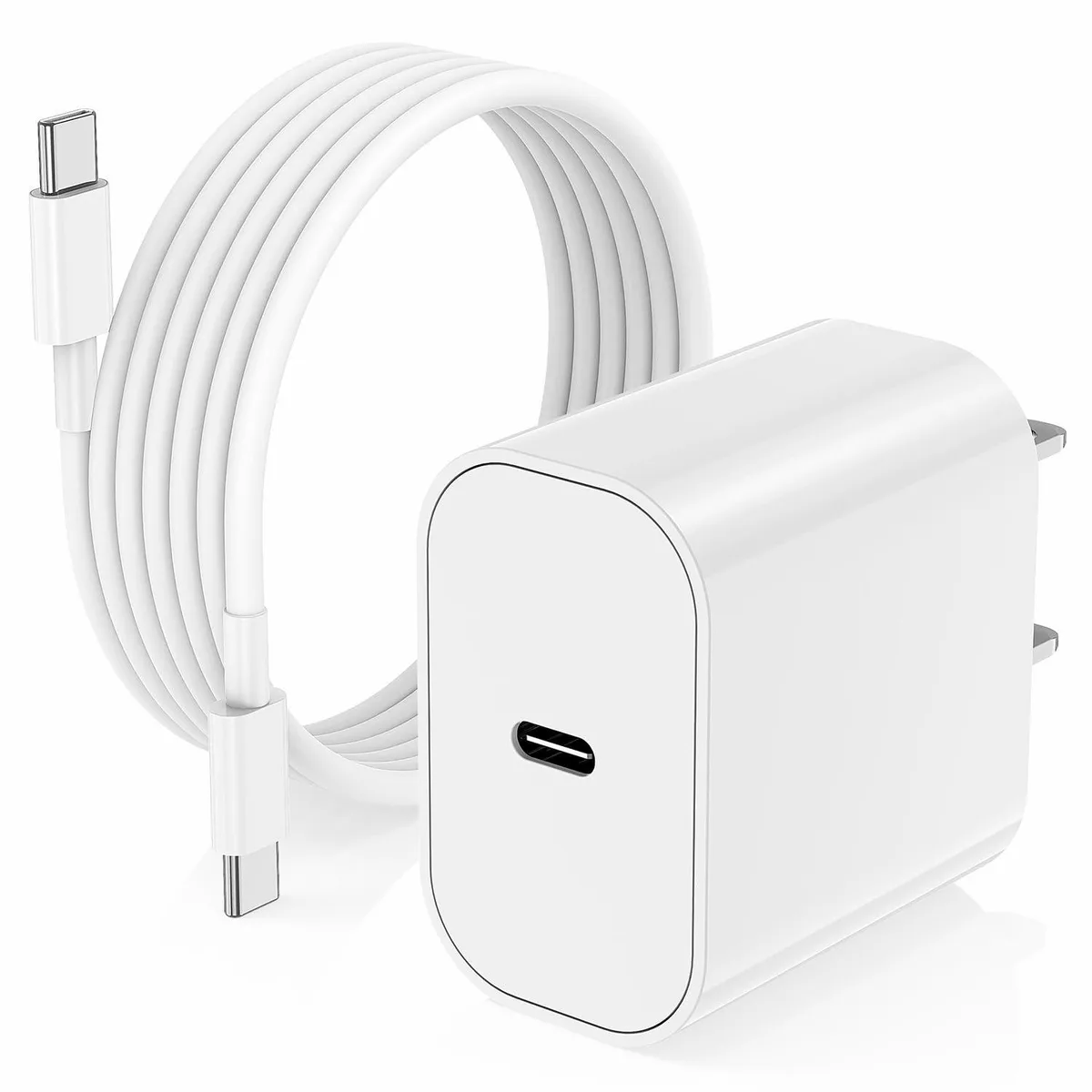 Compact white USB-C wall charger with a long white USB-C to USB-C cable coiled beside it