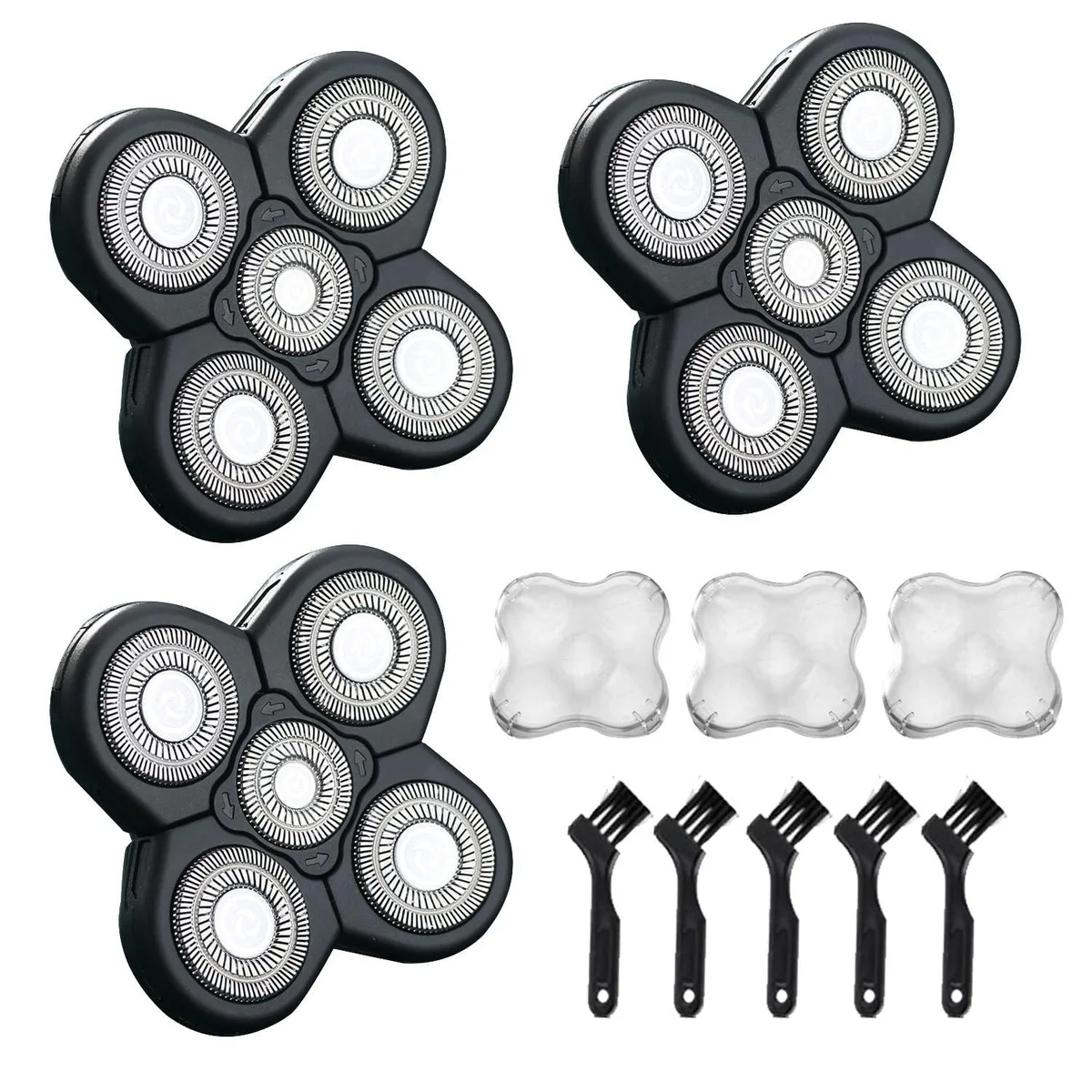 Three black rotary shaver heads with floating blades and protective covers, plus cleaning brush
