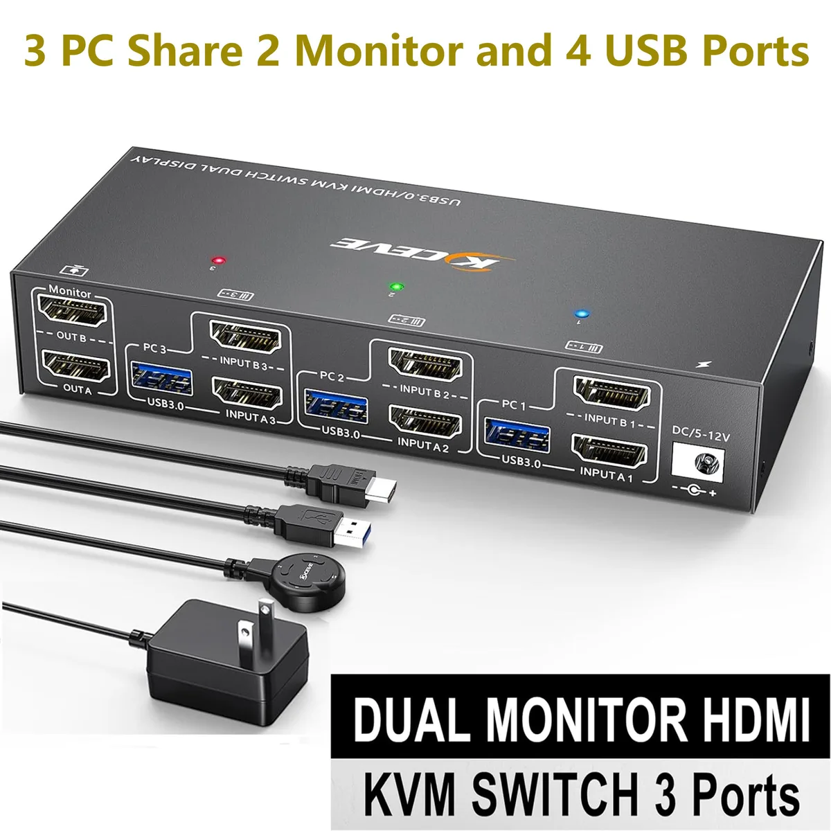 AUTYUE AUTYUE 3 PC 2 Monitor HDMI KVM Switch 4K@60Hz USB 3.0 with Wired Remote — product photo