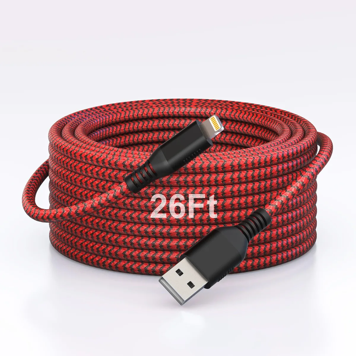 Red nylon braided Lightning cable coiled showing 26ft length and connectors