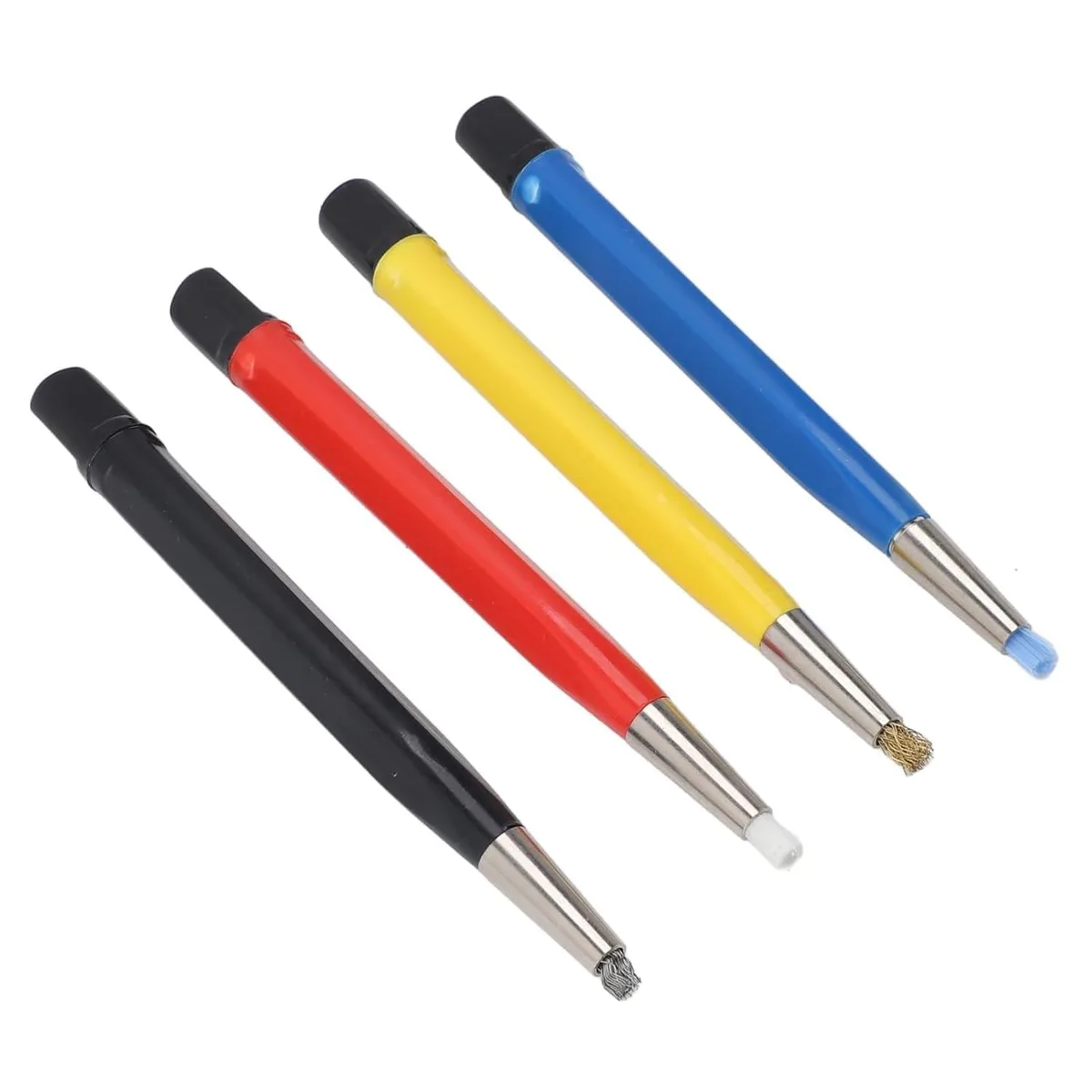 Four pen-shaped scratch brushes with steel brass nylon and fiberglass tips