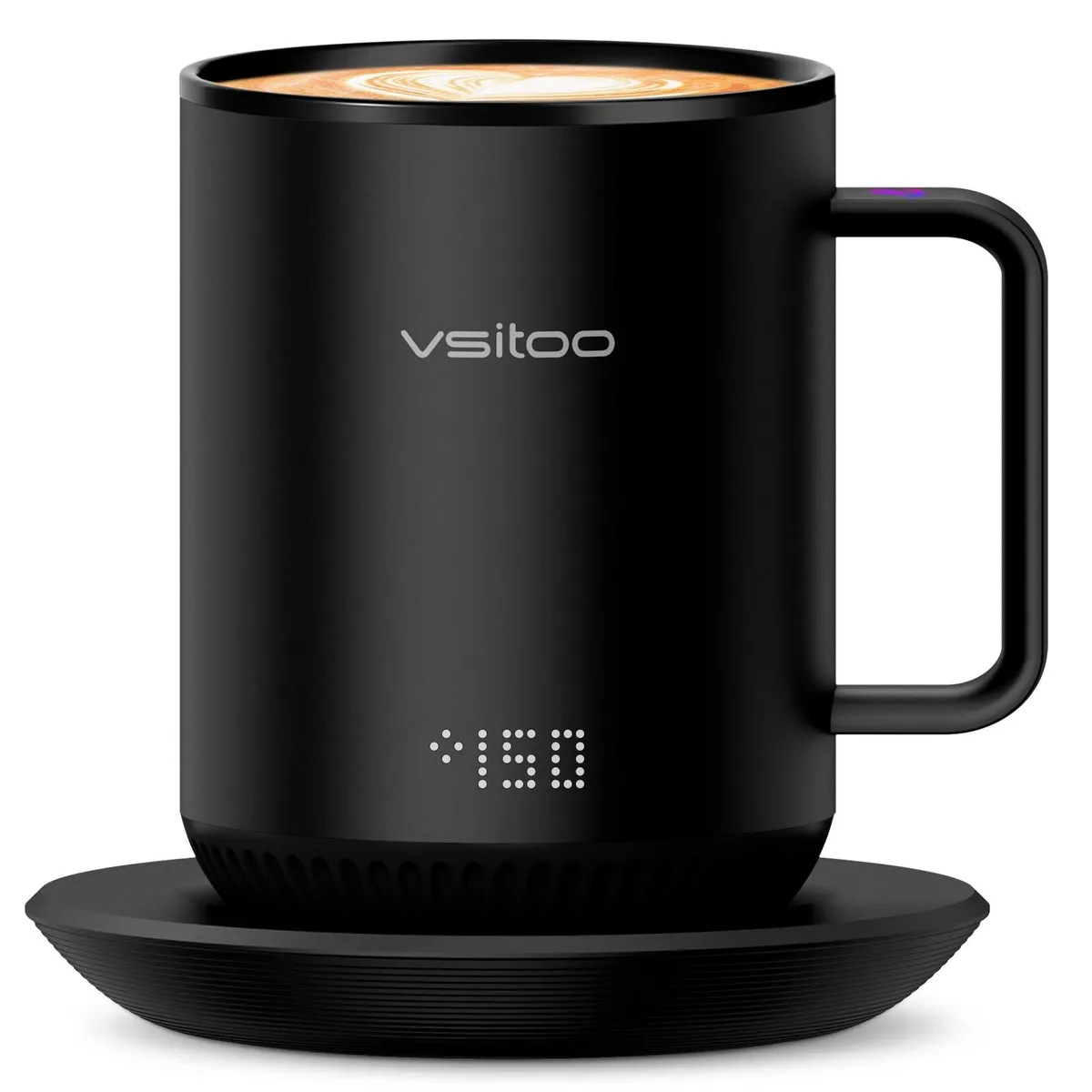 Black stainless steel heated mug with digital display, 12oz capacity, leak-resistant lid, charging base included