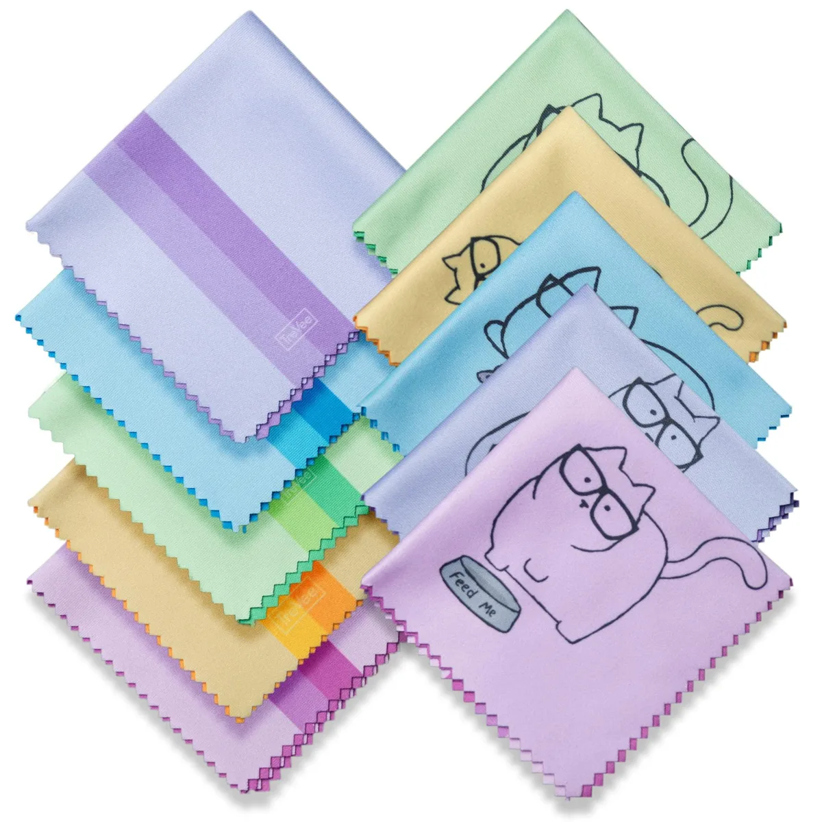 Ten multicolour microfibre cloths with cat prints, 6 by 6 inches