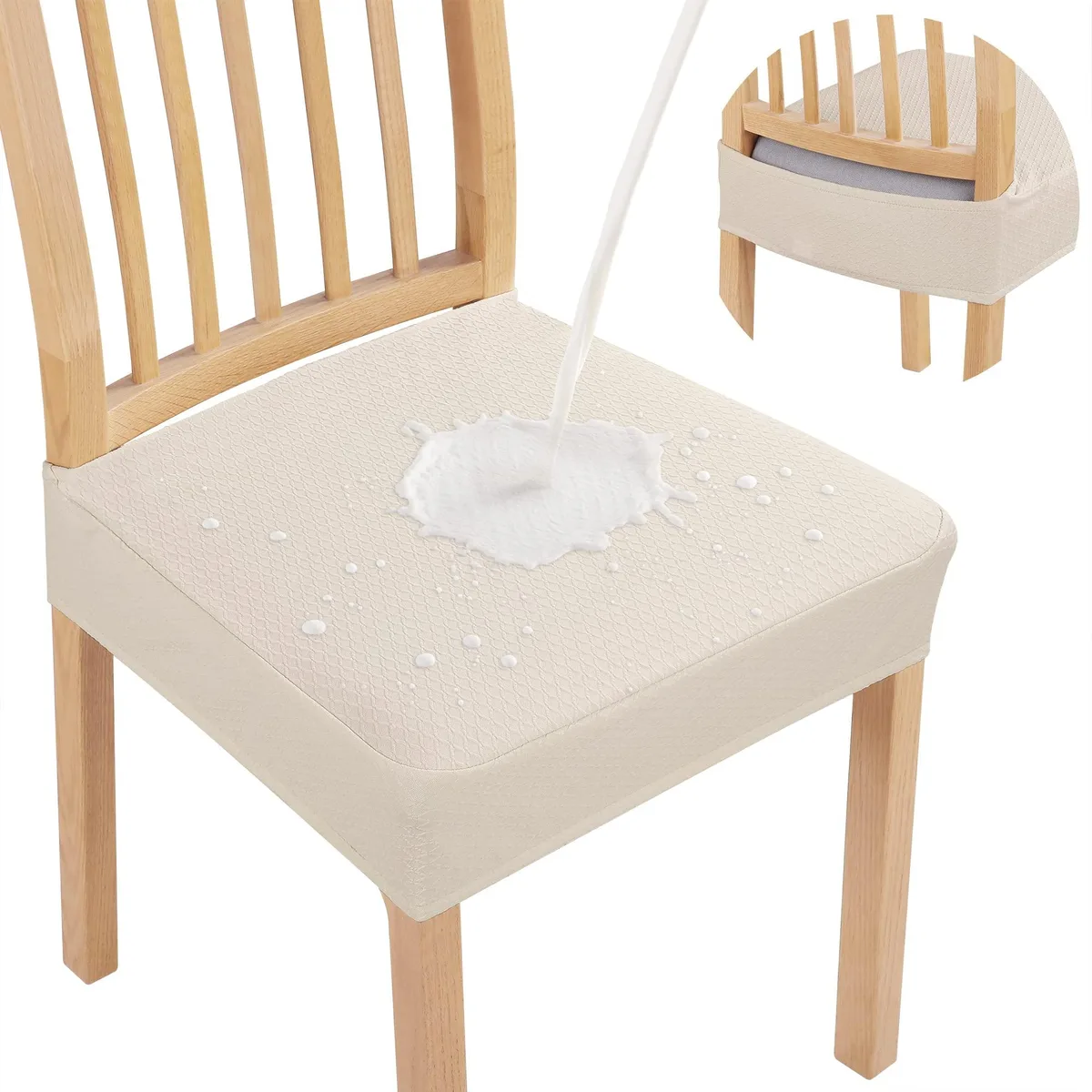 Four beige seat covers with rhombic lattice texture, elastic edges, rear-gapped design
