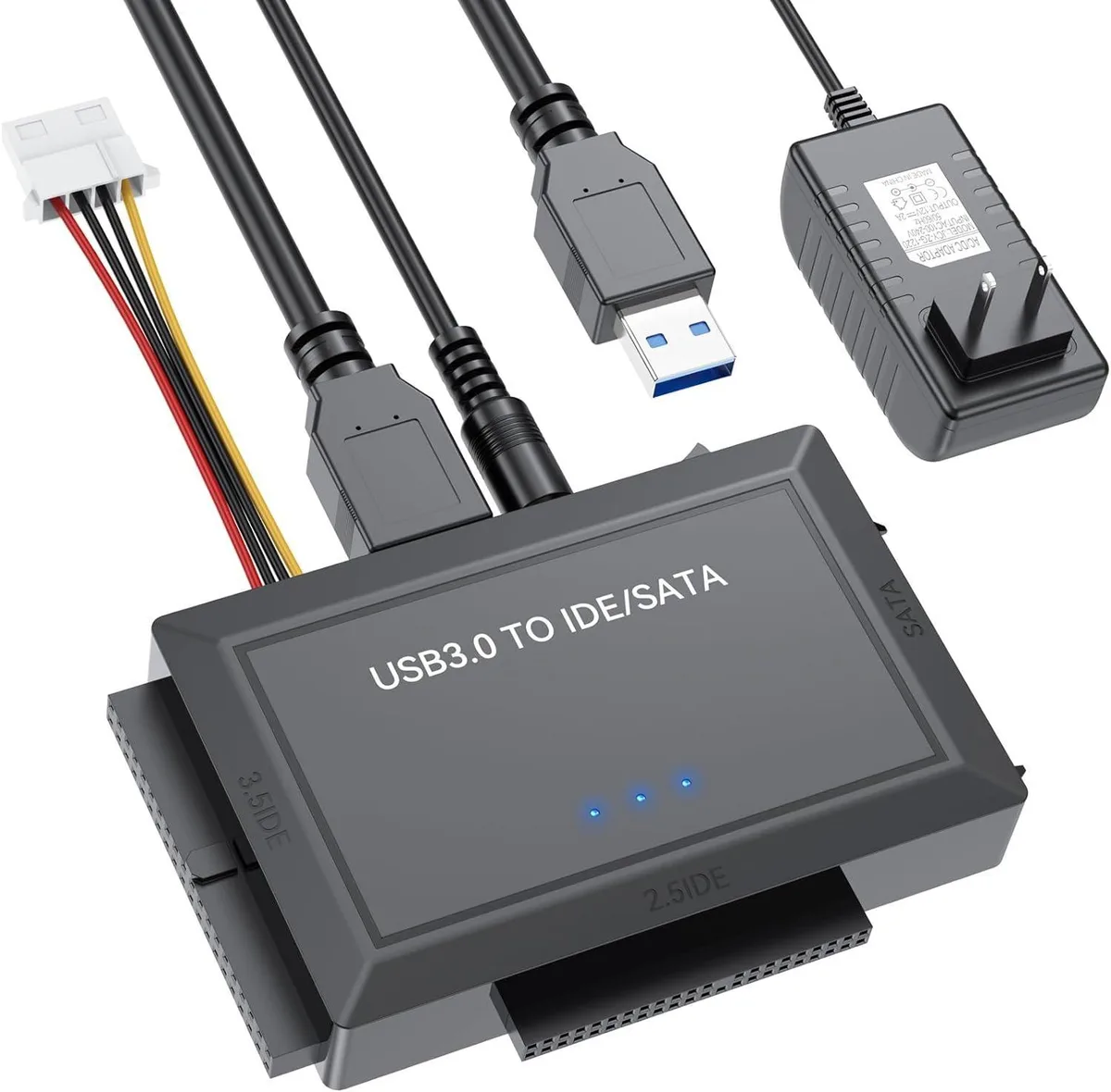 Black rectangular adapter with SATA and IDE connectors and USB 3.0 cable