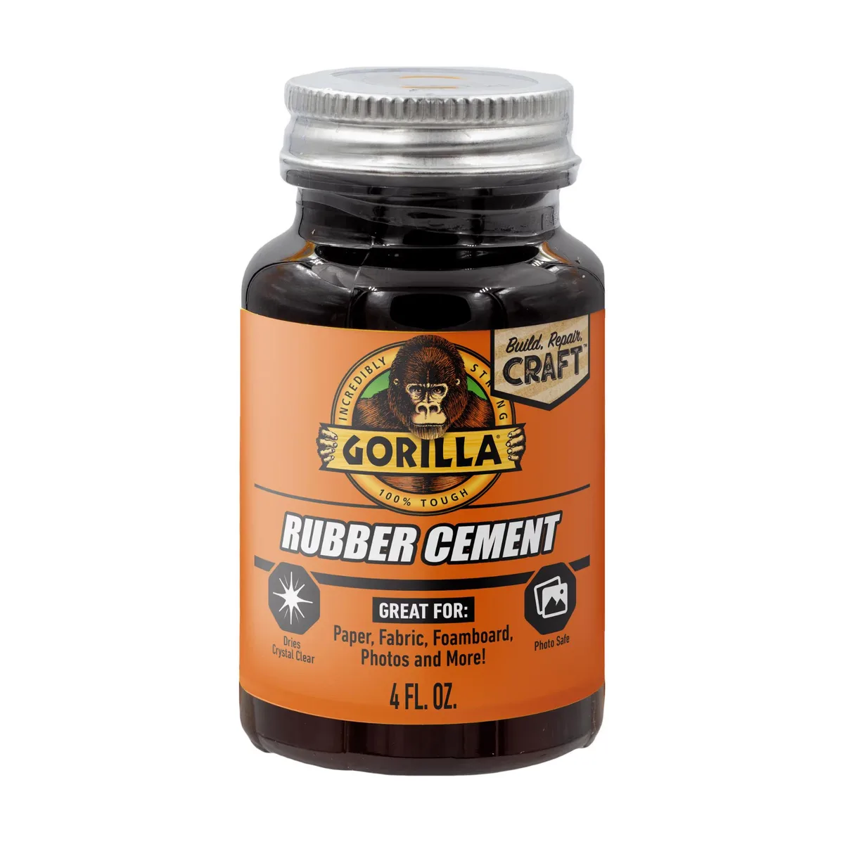 4 oz tan Gorilla Rubber Cement bottle with integrated brush