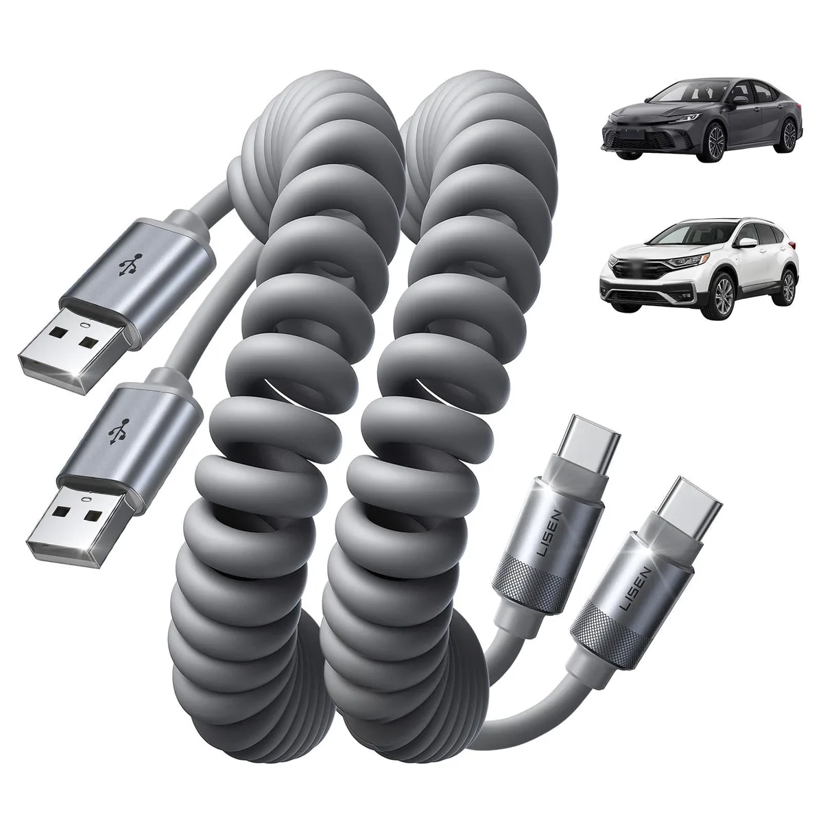 Two coiled USB-A to USB-C cables in space gray, 4ft each
