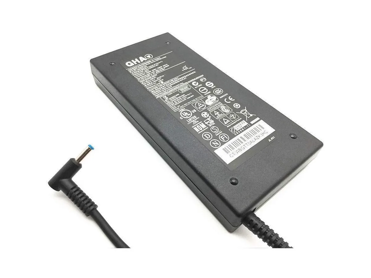 Black rectangular AC adapter with blue-tip barrel connector and US three-prong power cord