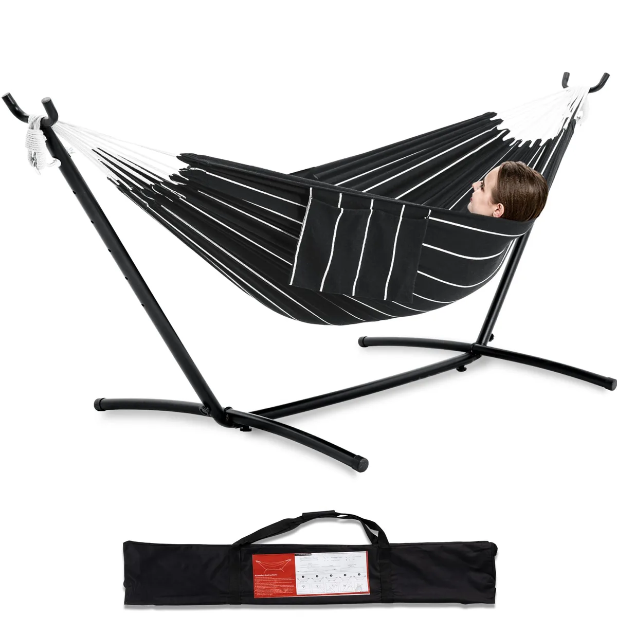 Double cotton hammock on black steel stand Chasm colors carrying bag included