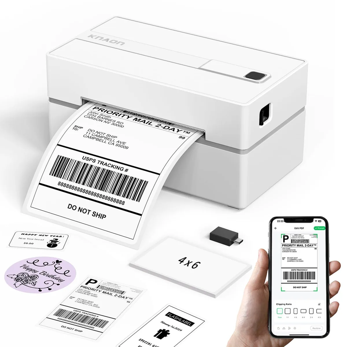 Compact white thermal label printer with rounded edges, Bluetooth label on side, 4.2 inch roll slot visible
