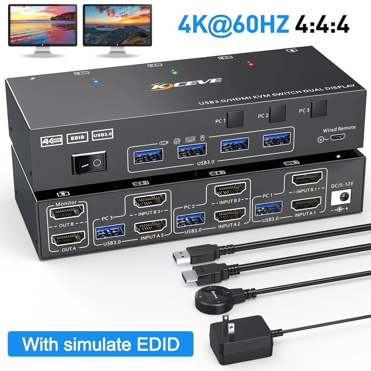 Hitoor Hitoor Dual Monitor HDMI KVM Switch 3 Computers 2 Monitors 4K@60Hz 4 USB 3.0 Wired Controller — product photo