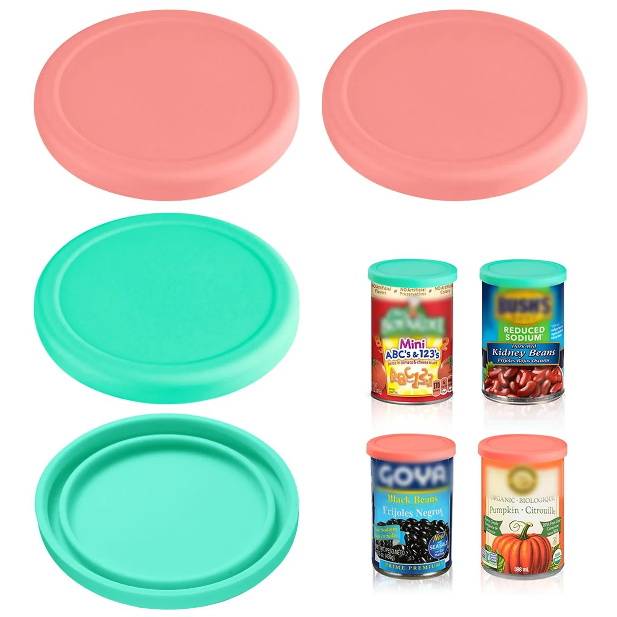 Four round green silicone can lids lying flat