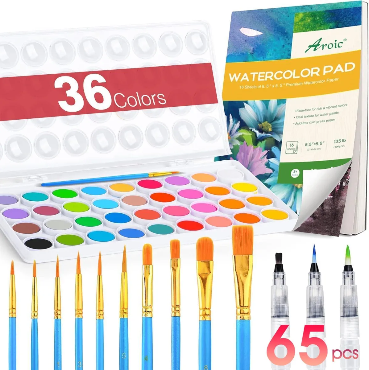  AROIC 65 Piece Watercolor Set 36 Colors 10 Brushes 16 Sheets — product photo