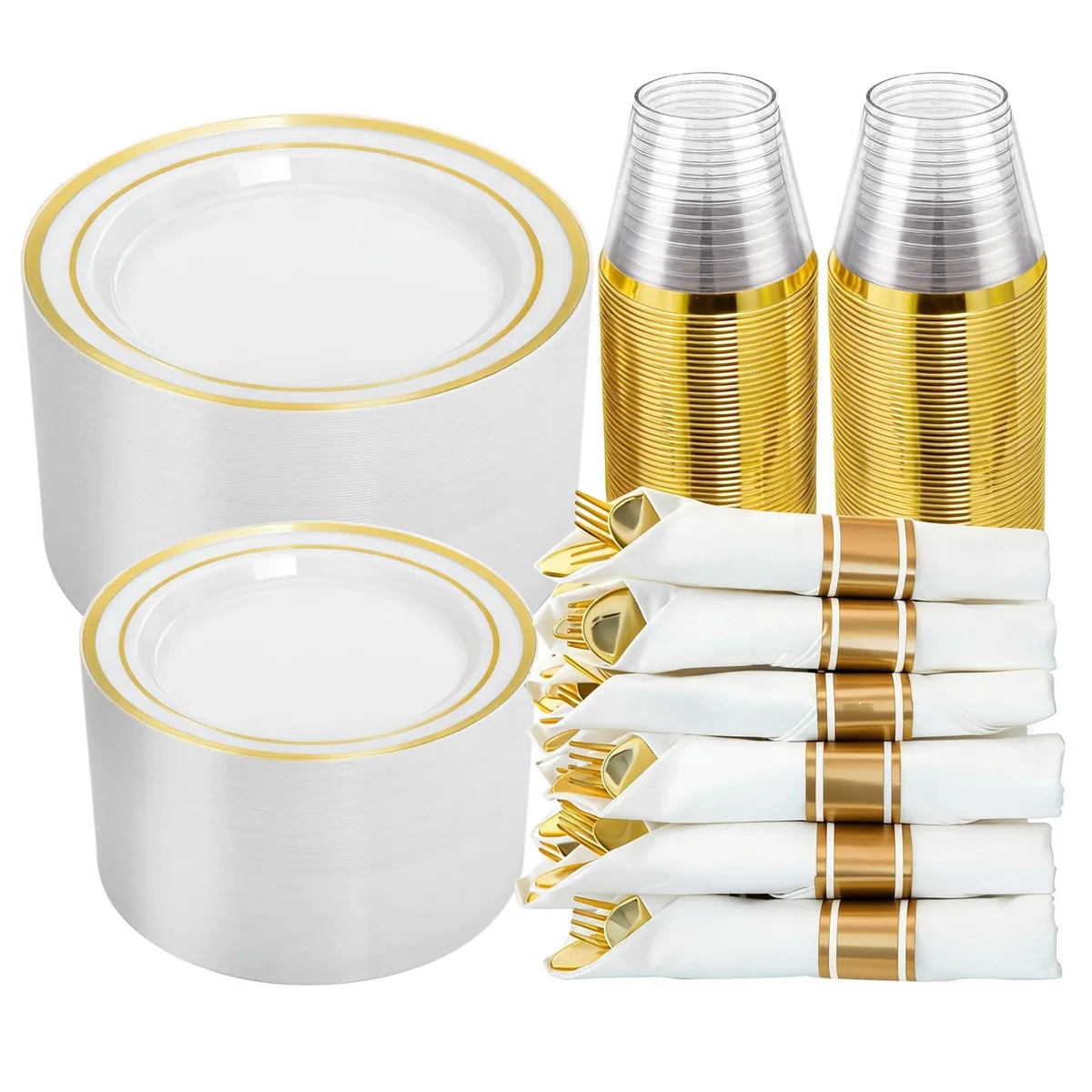 White square ceramic plates with gold floral rim, stacked with matching cups and pre-rolled silverware napkins