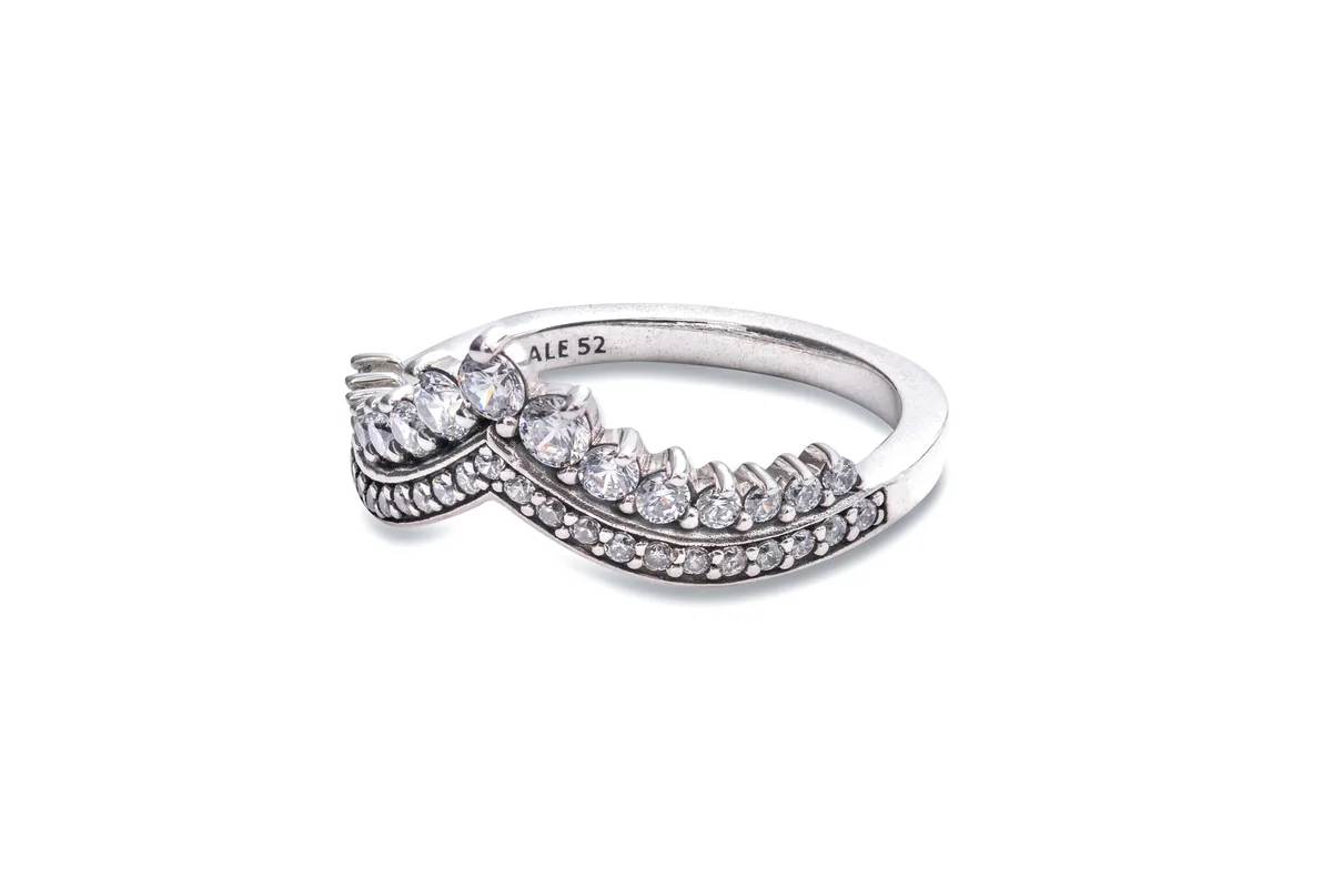 Sterling silver wishbone ring with mixed-size cubic zirconia stones in tiara-inspired design