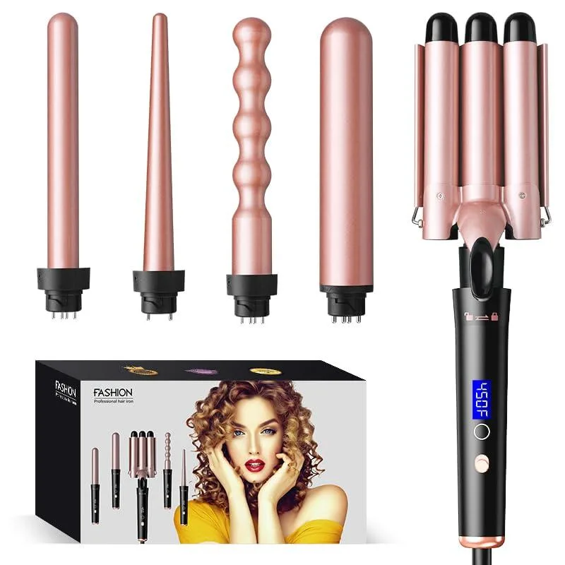 Rose gold curling iron set with five interchangeable ceramic barrels and digital temperature display