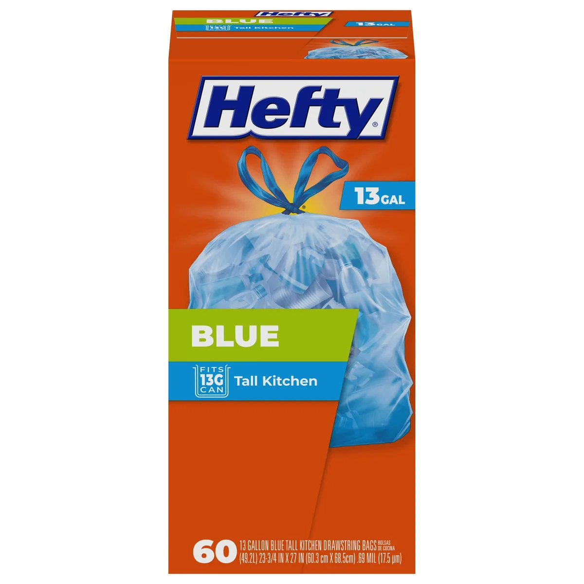 A box of 60 blue 13-gallon drawstring trash bags