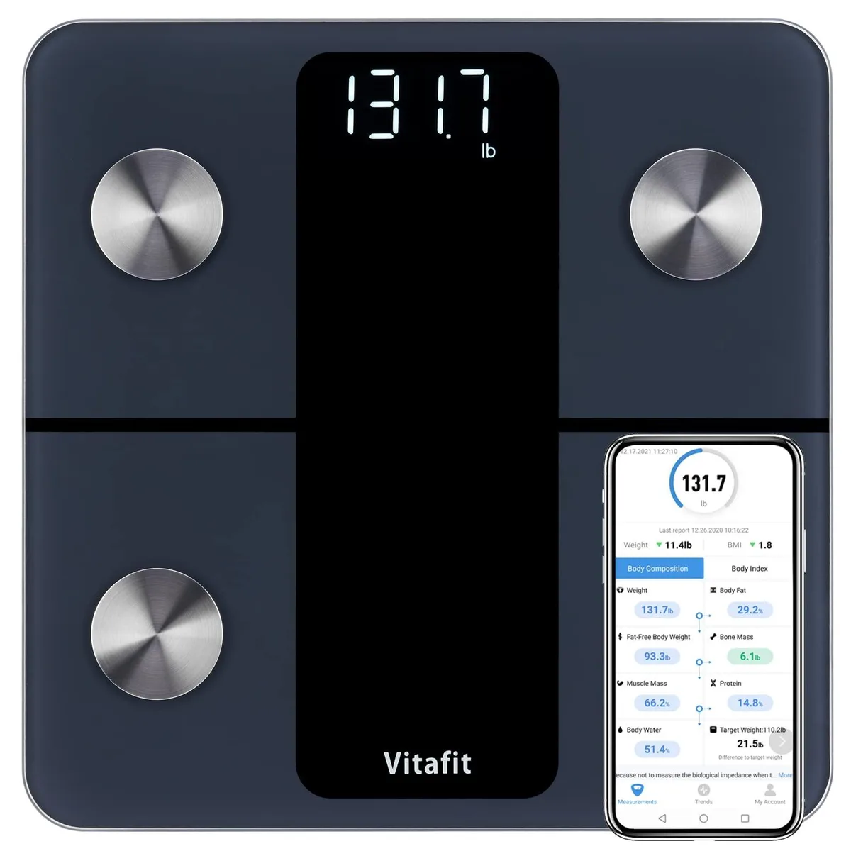 Black square handheld scale with backlit display and rounded corners