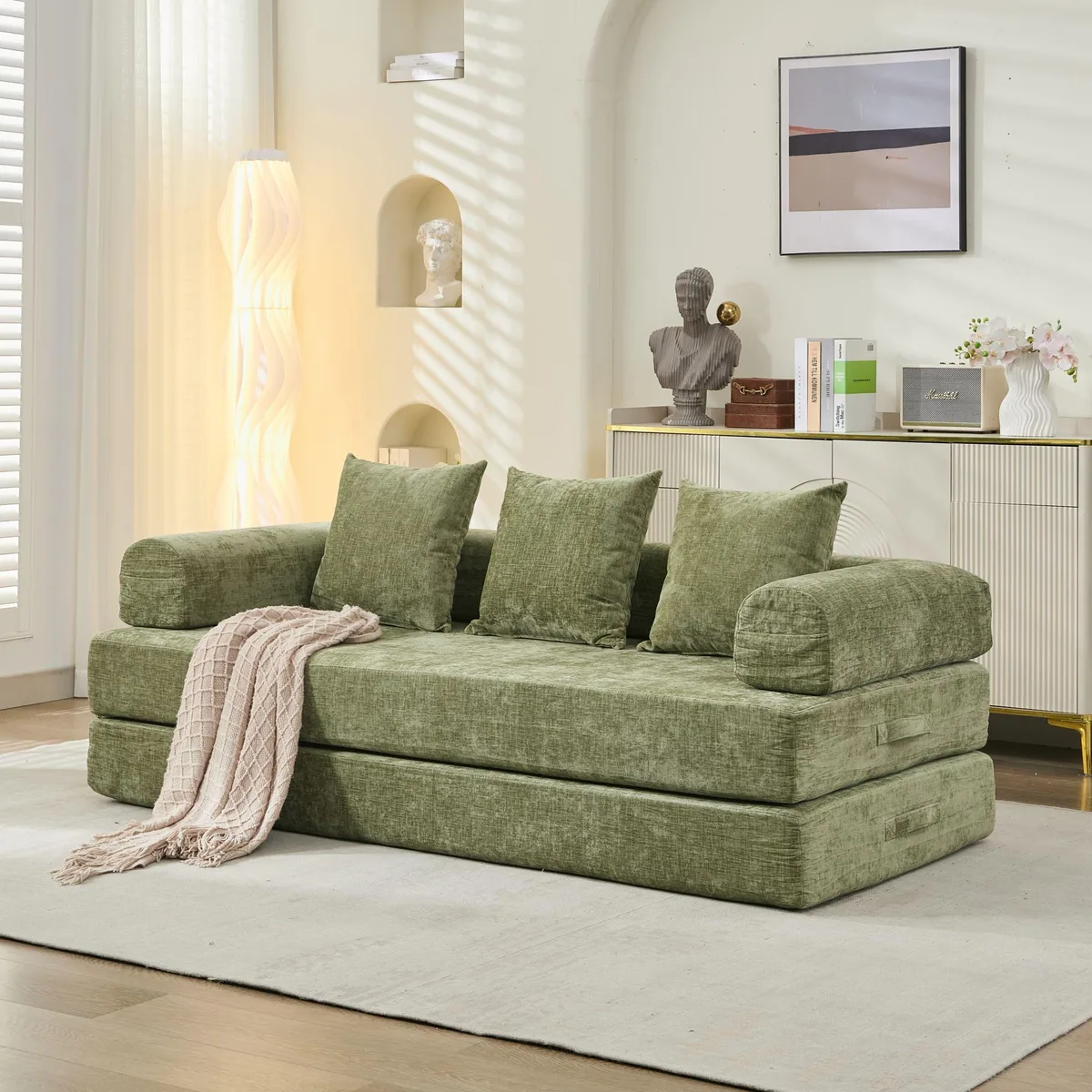 Green chenille convertible folding floor sofa bed with armrests