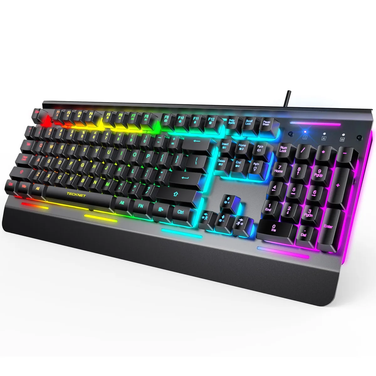  TECKNET TK-KB002 gaming keyboard, 15-zone RGB, IP32, 25 anti-ghosting keys, whisper quiet switch — product photo