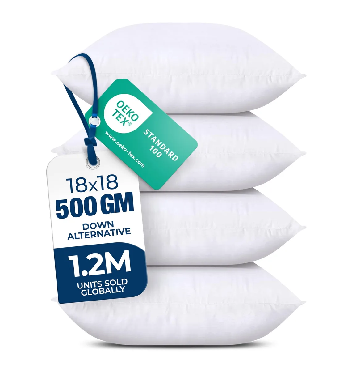 Four square white pillow inserts, 18 by 18 inches, fluffy down-alternative fill, brushed fabric cover