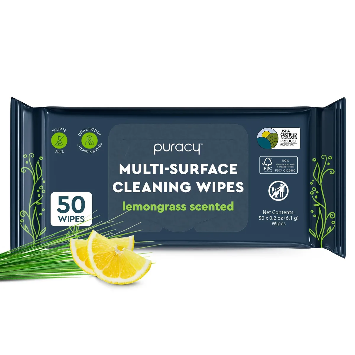 Flat pack of 50 scented cleaning wipes, lemongrass fragrance