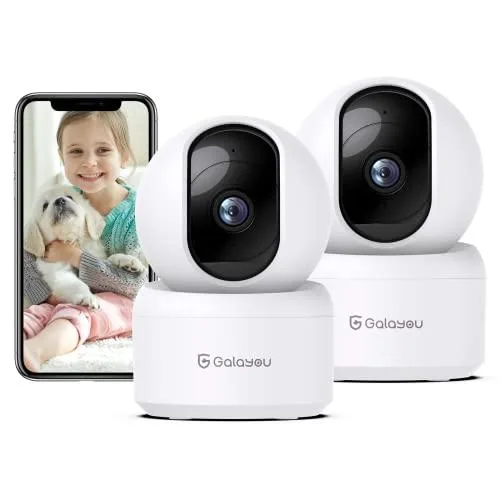 Two white indoor cameras with pan-tilt heads and Type-C cables