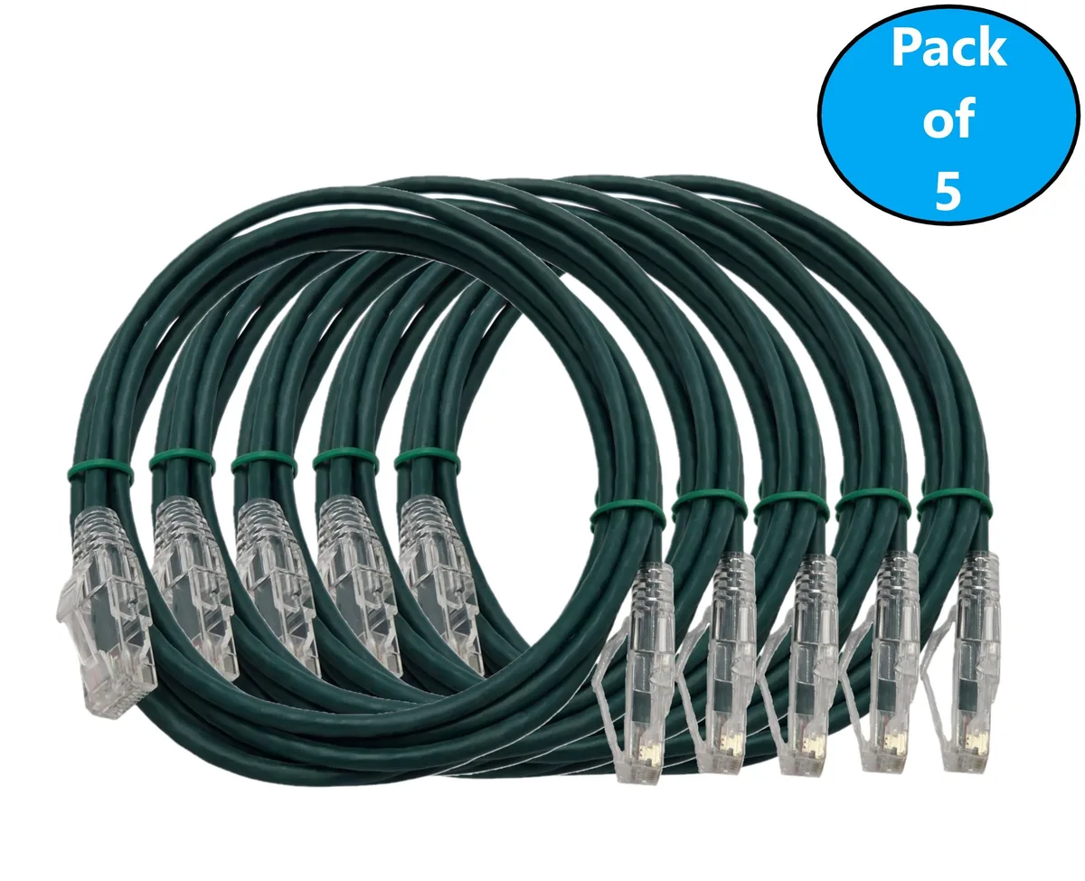 Micro Connectors Micro Connectors Cat6A Ultra Slim 28AWG 7 ft Green 5-Pack network ethernet cable — product photo