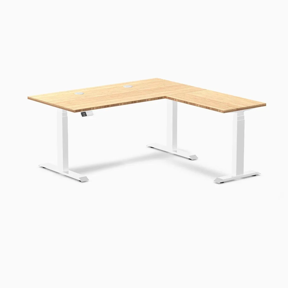 Desky Desky Bamboo L-Shape Sit Stand Desk 60 x 30 x 62 x 20 in Bamboo White office furniture — product photo
