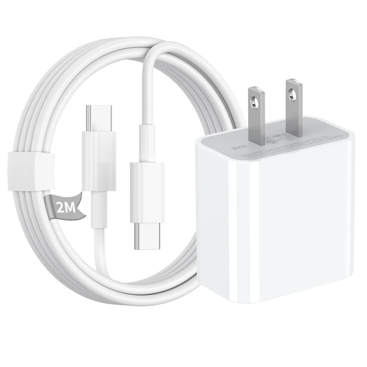 White compact USB-C wall charger with 6.6ft USB-C to USB-C cable