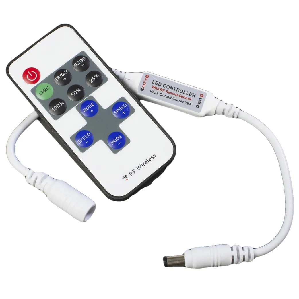 Small black inline controller box with 5.5mm x 2.1mm DC connectors and a compact wireless remote