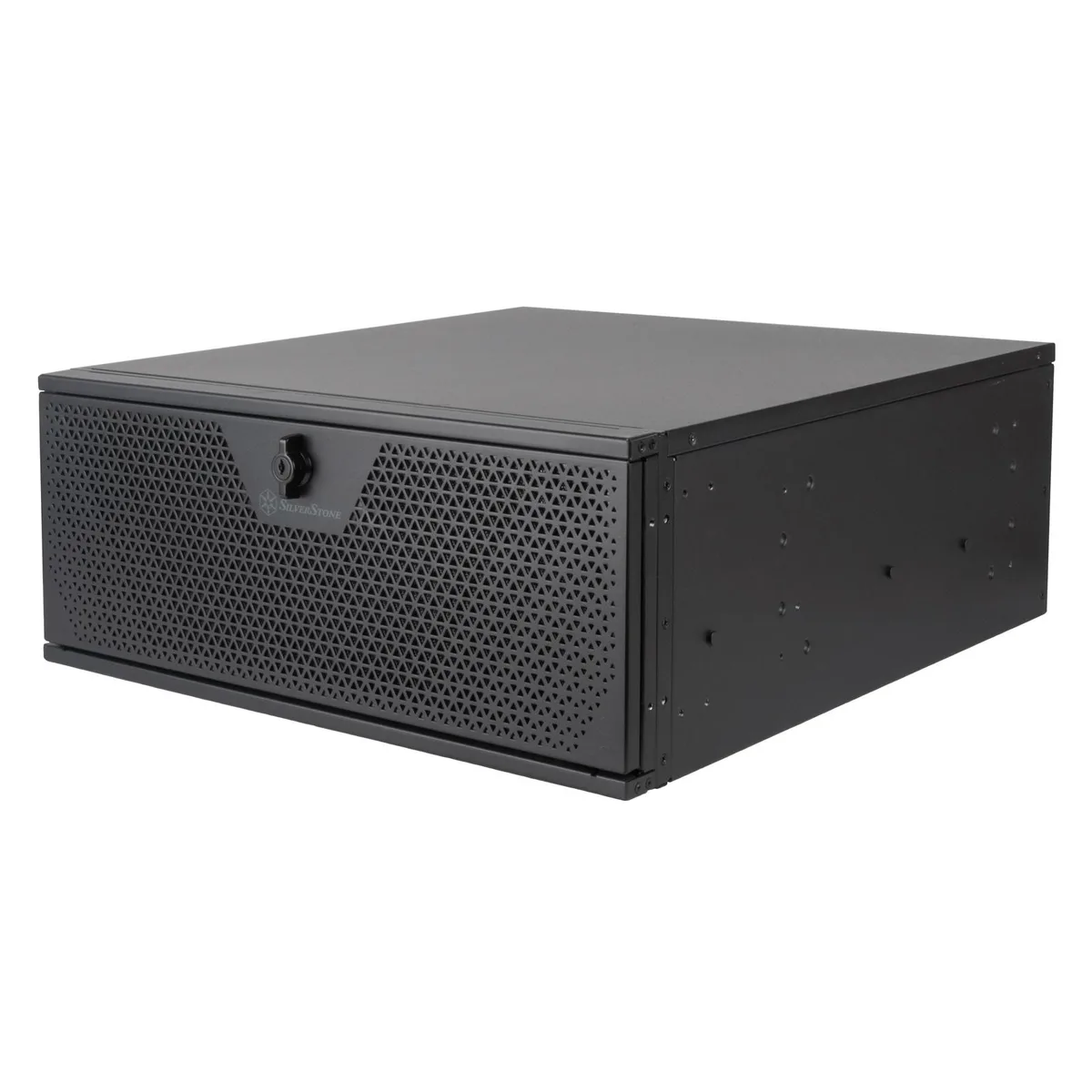 Silver RM44 4U rackmount server chassis, brushed metal front with star-crossed vents, side handles, lock, USB-C port